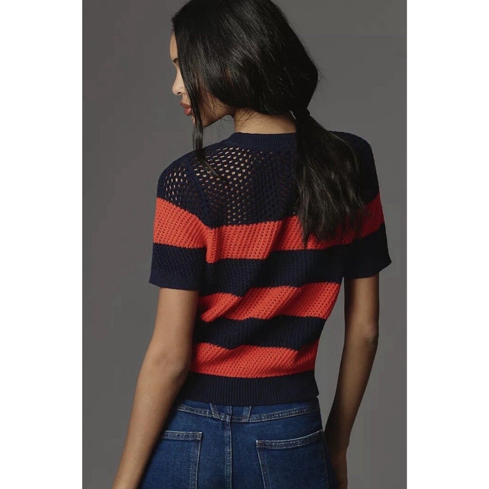 Anthropologie Maeve Open Knit Striped Sweater Top XS Red Navy Blue Short Sleeve - Picture 2 of 14